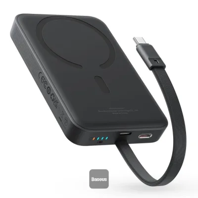 POWER BANK Baseus Magnetic Mini Wireless, 10000mAh, 30W, 2 x USB Type-C output/input, 15W wireless charging, cablu integrat USB Type-C, negru, "P1002210B113-00" (timbru verde 0.98 lei) - 6932172642785