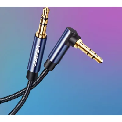 CABLU audio Ugreen, "AV112" stereo (3.5 mm jack T/T), conectori auriti, 1m, braided, unghi de 90 grade la un cap, albastru "60179" (timbru verde 0.18 lei) - 6957303861798