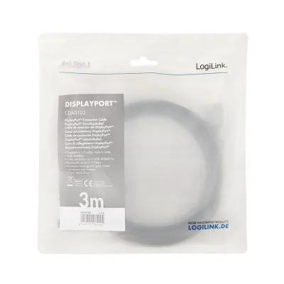 CABLU video LOGILINK, DisplayPort (T) la DisplayPort (T) 1.2, 3m, conectori auriti, rezolutie maxima 4K (3840 x 2160) la 60 Hz, aluminiu, triplu ecranaj, negru-gri, "CDA0102" (timbru verde 0.18 lei)