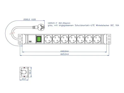 PDU BACHMANN, 1.5U pt. rack 19 inch, 7 prize Schuko, intrare Schuko, max 10 A, cablu 2 m, gri, "333.600" (timbru verde 2 lei)