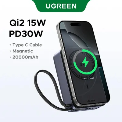 POWER BANK Ugreen "PB567", 20000mAh, 30W PD3.0 , 1 x USB, 1 x USB Type-C, incarcare magnetica 15W, 1 x USB Type-C cablu integrat, gri, "55450B" (timbru verde 0.98 lei)