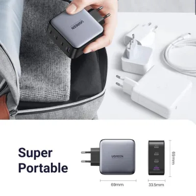 INCARCATOR retea Ugreen, Nexode "X565" Quick Charge 100W GaN, 3 x USB Type-C, 1 x USB, gri "35043" (timbru verde 0.18 lei) - 6941876230433