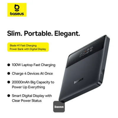 POWER BANK Baseus Blade H1, 20000mAh, PD 100W, ultra thin, 2 x USB; 2 x USB Type-C, display digital pt. status baterie, total 5A, include cablu USB Type-C la USB Type-C, negru, "P10021604123-00" (timbru verde 0.98 lei) - 6932172682446
