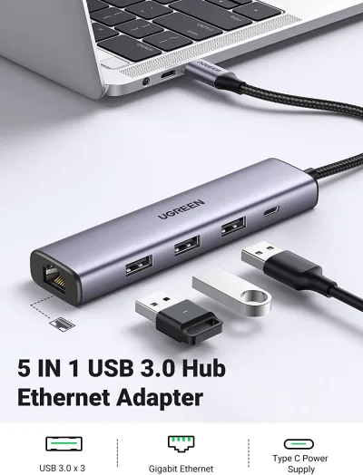 ADAPTOR RETEA Ugreen, "cm475" extern, USB 3.0 (T) la port Gigabit RJ-45, porturi USB: USB 3.0 x 3, USB Type-C x 1, argintiu "60554" (timbru verde 0.18 lei) - 6957303865543