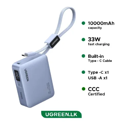 POWER BANK Ugreen "PB584", 10000mAh, 33W, 1 x USB, 1 x USB Type-C, 1 x USB Type-C integrat, display, gri, "75173B" (timbru verde 0.98 lei)