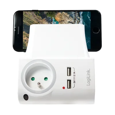 ADAPTOR LOGILINK, Socket tip E x 1, USB x 2 5V/2.1A, 230V, 50 Hz, max. 16A, IP20, suport telefon/tableta, iluminare LED, alb "PA0166" (include TV 0.18lei)