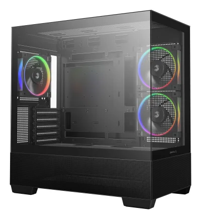 CARCASA DeepCool "CG380", middle tower, gaming, fara sursa, suporta 9xfan, 3xfan inclus, PSU shroud, USB Type-C x 2, USB 3.2 gen 1 x 2, audio+mic, 5 sloturi expansiune, negru, "R-CG380-BKAGM3-G" (timbru verde 0.24lei)