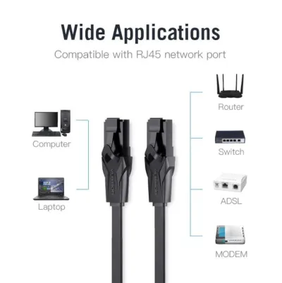 Patch Cord UTP Vention, Cat. 6, 20m, flat cable, conductor cupru - aluminiu, viteza max transfer 1 Gbps, invelis PVC, negru, "IBABQ" (timbru verde 0.8 lei) - 6922794722286