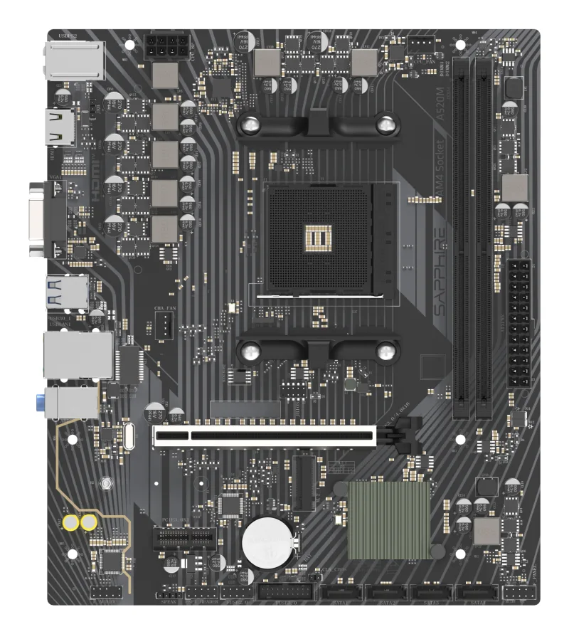 Placa de baza Sapphire "A520M-E", skt. AM4, chipset AMD A520, mATX, 2 x DDR4 max. 64 GB, USB 3.2 gen 1 -A x 2, USB 2.0 x 1, 4 x SATA, 1 x M.2, PCIe 3.0, HDMI, VGA, "52119-04-40G"