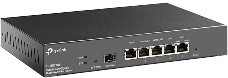 Router TP-Link TL-ER7206, Standarde si protocoale:  IEEE 802.3, 802.3u, 802.3ab, interfata: 1x Fixed Gigabit SFP WAN Port, 1x Fixed Gigabit RJ45 WAN Port, 2x Fixed Gigabit RJ45 LAN Ports, 2x Changeable Gigabit RJ45 WAN/LAN Ports, flash: SPI 4MB + NAND