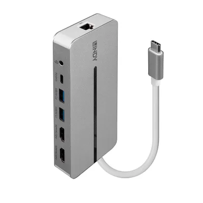 Hub USB LINDY DST-Mx Duo, USB-C, 10 porturi, HDMI, RJ-45, Argintiu