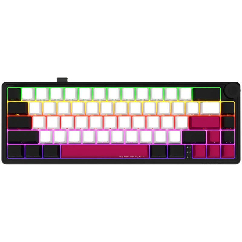 Wireless mechanical gaming keyboard Pro, 2.4 GHz, BT, RGB Backlight, 16 modes, 66 keys, 50M presses, multimedia knob, built-in 3750 mAh battery, Hot Swap, Gasket mount, spring cable 2.3m, black red white "LRG-KBP70MW-BK-US" (timbru verde 0.8 lei)