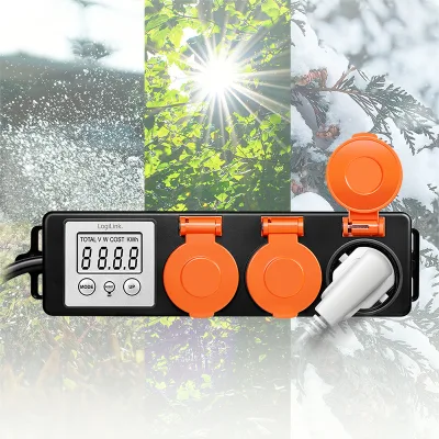 PRELUNGITOR LOGILINK, Schuko x 3, cablu 3G 1.5mm2, 230 V/16 A, 50 Hz, max. 3500 W, contor cost energetic, LCD, 3 butoane operare, IP44, de exterior, 1.4m, negru-portocaliu, "EM0008" (timbru verde 0.8 lei)