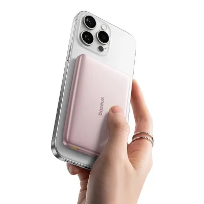 POWER BANK Baseus PicoGo AM41 Ultra-Slim Qi2, 10000mAh, 27W, prindere magnetica incarcare wireless 15W, 1 x USB Type-C, include cablu USB Type-C la USB Type-C 30cm, roz, "E0027202" (timbru verde 0.98 lei) - 6932172691691