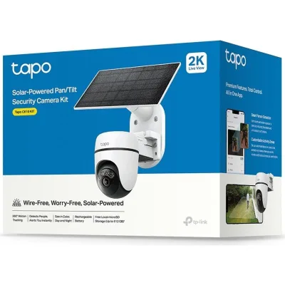 Solar-Powered Pan/Tilt Security Camera Kit SPEC:2K 3MP(2304×1296), 2.4 GHz, 6700mAh rechargeable lithium-ion battery,  Solar panel (5.2V, 2.5W) FEATURE: Pan/Tilt,  Non-Stop Power, Smart Detection and Notifications (motion, people), Color Night Vision,