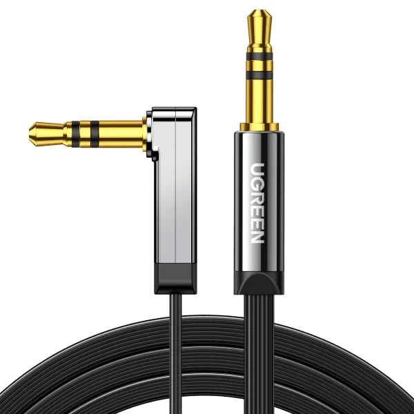 CABLU audio Ugreen, "AV119" stereo (3.5 mm jack T/T), conectori auriti, design slim, unghi 90 grade la un capat, 2m, negru "10599" (timbru verde 0.18 lei) - 6957303815999