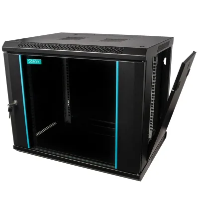 CABINET 19″ SPACER 9U 600x450mm, fixare pe perete, Flatpack (dezasamblat), Black, usa sticla cu blocare, panouri detasabile, otel 1.5mm, sarcina maxima 60Kg