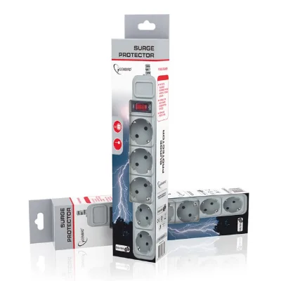 PRELUNGITOR GEMBIRD, Schuko x 5, conectare prin Schuko (T), cablu 3 m, 16 A, protectie supratensiune, protectie copii, gri, "SPG3-B-10C" (timbru verde 0.18 lei)