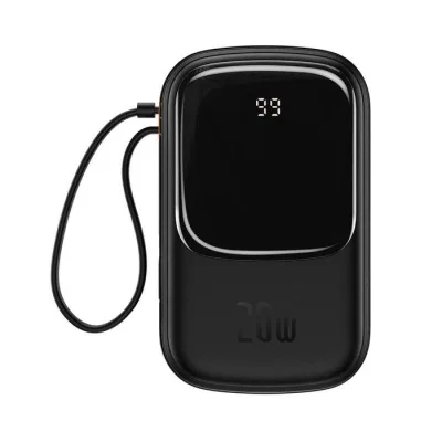 Baterie externa Baseus Qpow Pro Digital Display, 20000mAh, 20W, 1 x cablu integrat Iphone Lightning output, 1 x USB, 1 x USB Type-C, negru,
