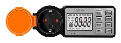 PRELUNGITOR LOGILINK, Schuko x 1, 230 V/16 A, 50 Hz, max. 3500 W, timer, LCD, 8 butoane operare, IP44, de exterior, negru-portocaliu, "ET0016" (timbru verde 0.18 lei)