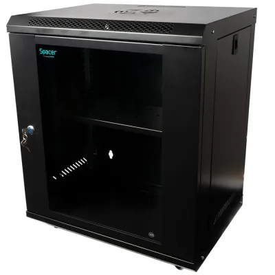 CABINET 19″ SPACER 12U 500x450mm, fixare pe perete, Flatpack (dezasamblat), Black, usa sticla cu blocare, panouri detasabile, otel 1mm, sarcina maxima 25Kg