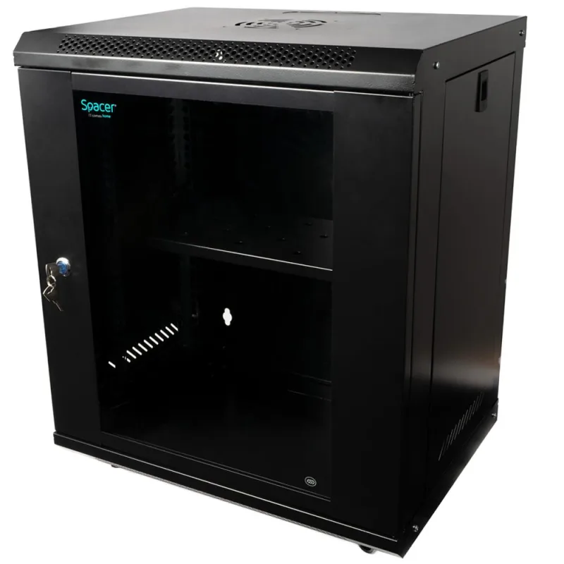 CABINET 19″ SPACER 12U 500x450mm, fixare pe perete, Flatpack (dezasamblat), Black, usa sticla cu blocare, panouri detasabile, otel 1mm, sarcina maxima 25Kg
