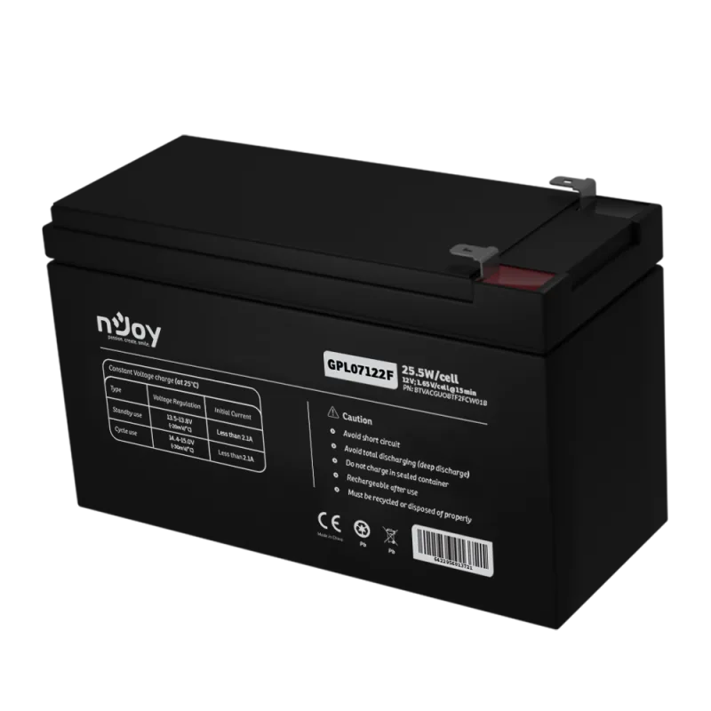 Acumulator nJoy GPL07122F 12V 22.72W/cell, Capacitate 22.72W/cell evaluat la 1,65V/cell@15 min), Tensiune 12V, Tip VRLA - fara mentenanta, Caracteristici: Sigilata complet si fara intretinere, Peste 260 de cicluri la 100% DOD, Utilizare standard 5-8