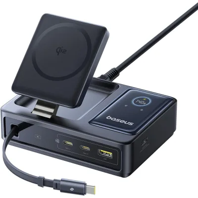 INCARCATOR retea Baseus NOMOS 5-in-1 Desktop Charger, Quick Charge 140W, incarcare wireless 15W max. Qi2, 3 x USB Type-C, 1 x USB, negru "P10170902123-00" (timbru verde 0.18 lei) - 6932172673406