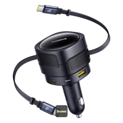 INCARCATOR auto Baseus Enjoyment Max, Quick Charge 90W, 1 x USB, cablu retractabil integrat 2 x USB Type-C, pt. bricheta auto, negru "C00035507121-03" (timbru verde 0.18 lei) - 6932172682606