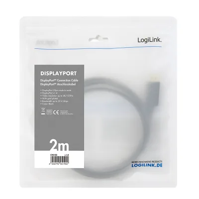 CABLU video LOGILINK, DisplayPort (T) la DisplayPort (T), 2m, conectori auriti, rezolutie maxima 8K (7680 x 4320) la 60 Hz, negru, "CV0120" (timbru verde 0.8 lei)