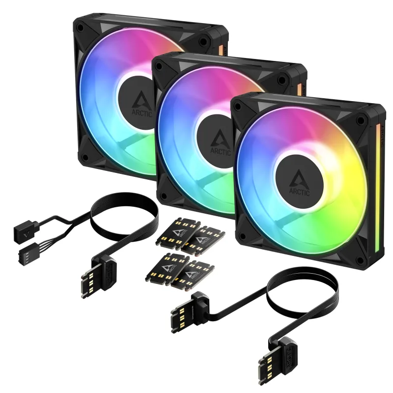 Set 3 ventilatoare Arctic "BioniX P12 A-RGB", 120mm, 450 - 3000 RPM, FDB, 76 cfm, 4-Pin PWM | 3-pin ARGB, negru, "ACFAN00337A" (timbru verde 0.54lei)