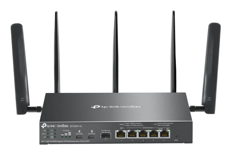 ROUTER TP-LINK VPN Gigabit, Omada 4G+ Cat6 AX3000 Gigabit VPN Gateway cu 4-Port PoE+, AX3000 Dual-Band WiFi 6, 5 antene externe detasabile, "ER706WP-4G" (timbru verde 0.8 lei)