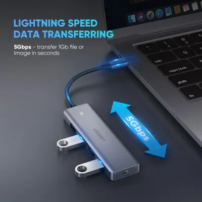 HUB extern Ugreen, "CM219" porturi USB: USB 3.0 x 4, conectare prin USB Type-C, aluminiu, lungime 15 cm, gri, "70336" (timbru verde 0.8 lei) - 6957303873364