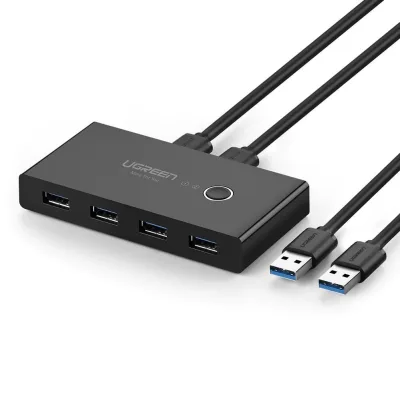 HUB extern Ugreen, "US216" porturi USB: USB 3.0 x 4, conectare prin 2 x USB, partajare date 2 pc-uri simultan,buton comutare PC,lungime 1.5 m,LED, negru "30768" (timbru verde 0.8 lei) - 6957303837687