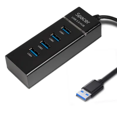 HUB extern SPACER, porturi USB: USB 3.0 x 4, conectare prin USB 3.0, 1m lungime cablu, negru, 45507057 "SPH-4USB30-01"   (timbru verde 0.8 lei)