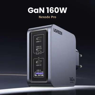 INCARCATOR retea Ugreen, Nexode "X763" Quick Charge 160W GaN, 1 x USB, 3 x USB Tpe-C, include cablu USB Type-C la USB Type-C 240W 1.5 m, gri "25877" (timbru verde 0.18 lei) - 6941876228775