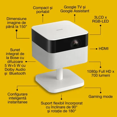 PROJECTOR EPSON EF-71 DIAMOND WHITE, Tehnologie 3LCD, LCD 0.62", Luminozitate: 700 lumeni, Rezolutie: 1080p, Aspect ratio: 16:9, Contrast: 5,000,000 : 1, Sursa lumina: LED, Durata de viata: 20.000 ore, Refresh rate: 192 Hz - 240 Hz, Suport HDR, Dimenziune