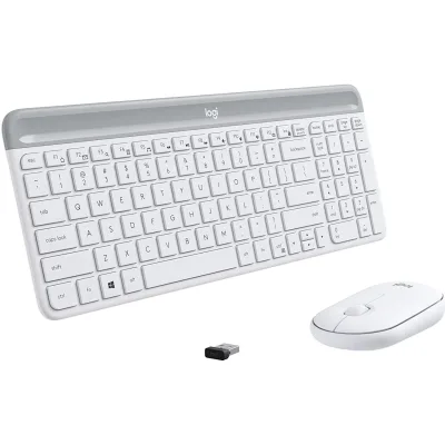 TASTATURA si Mouse LOGITECH, "Slim", wireless, 1000 dpi taste format standard (104-108 taste), mouse alb, 3/1 butoane, 104, "920-009205" (timbru verde 0.8 lei)