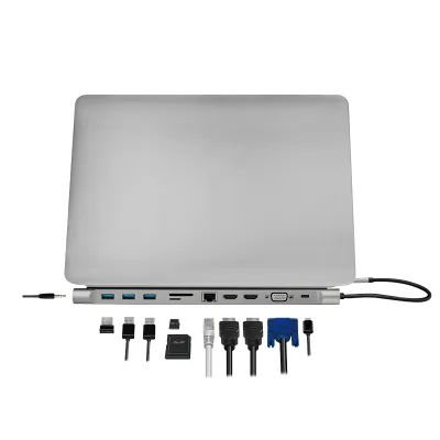 DOCKING Station LOGILINK universal, conectare PC USB TYPE-C 3.2, USB 3.0 x 3, porturi video VGA x 1, HDMI x 2, RJ-45, card reader, PD 3.0 pana la 100W, argintiu, "UA0373" (timbru verde 0.18 lei)