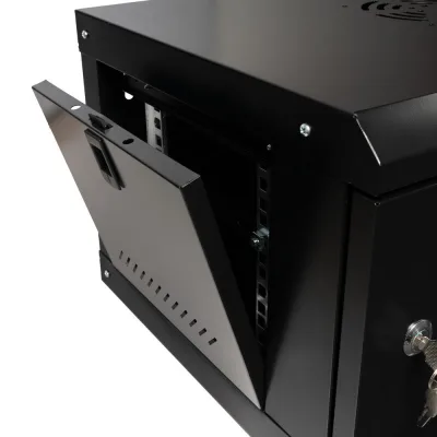 CABINET 19″ SPACER 6U 500x450mm, fixare pe perete, Flatpack (dezasamblat), Black, usa sticla cu blocare, panouri detasabile, otel 1mm, sarcina maxima 25Kg