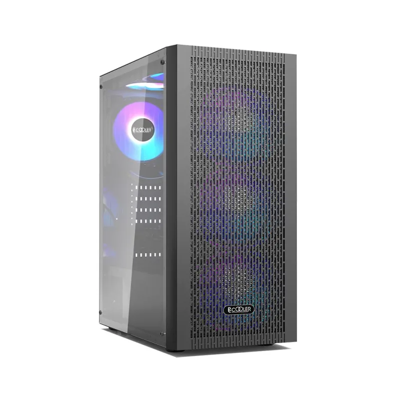 CARCASA PCCOOLER, Middle Tower, ATX, fara sursa, sticla securizata, 4 x fan +controller incluse, iluminare ARGB, negru, USB 3.2 gen 1 x 1, USB 2.0 x 2, mic, audio, #MA100 MESH-C"