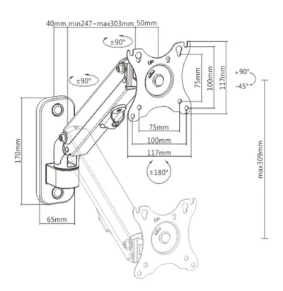 SUPORT de perete GEMBIRD, pt 1 TV/monitor plat, diag. max 17" - 27", rotatie, inclinare, pliere, 2 ~ 7 kg, "MA-WA1-01"