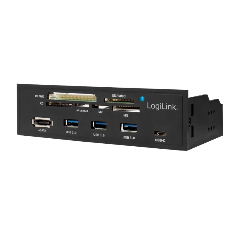 HUB intern LOGILINK, porturi USB: USB 3.0 x 3, USB Type C,conectare prin USB 2.0, S-ATA, alte porturi: SD, MicroSD, M2, MS, XD, CF, eSATA, negru, for 5.25" bay, black "UA0341"  (timbru verde 0.8 lei)