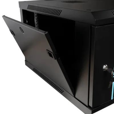 CABINET 19″ SPACER 6U 600x600mm, fixare pe perete, Flatpack (dezasamblat), Black, usa sticla cu blocare, panouri detasabile, otel 1.5mm, sarcina maxima 60Kg