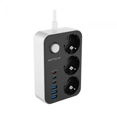 Prelungitor cu protectie Serioux SRXP-PS36B, 3 prize schuko Tensiune intrare: 100-240V, 50-60Hz Tensiune ieşire (total): 2500W – 10A 6 porturi USB (auto max): 15.5W USB-C2/C3/A1/A2/A3 - 12W USB-C1-20W Amperaj port USB (max): 3.4A Funcţie auto ID