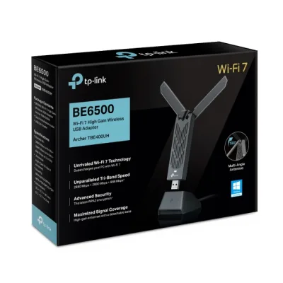 PLACA RETEA TP-LINK BE6500 Wi-Fi 7, extern wireless 2.4 GHz | 5 GHz | 6 GHz, USB 3.0, port, 6500 Mbps, antena externa x 2, lungime cablu 1.2 m, "Archer TBE400UH" (include timbru verde 0.18 lei)