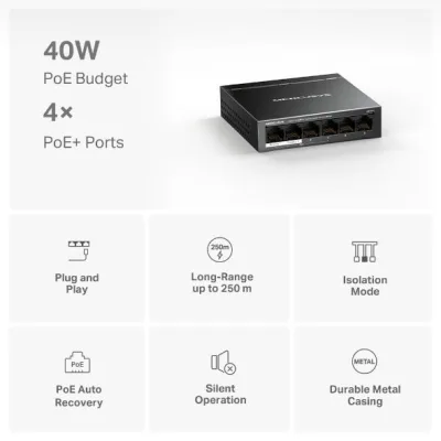 Mercusys Desktop Switch MS106LP 6 porturi 10/100Mbps, Standarde si protocoale  IEEE 802.3x Flow Control, 4 porturi POE, buget POE 40W, dimensiuni: 99.8*98*25mm.