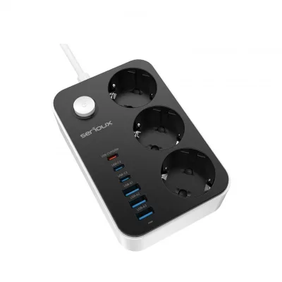 Prelungitor cu protectie Serioux SRXP-PS36B, 3 prize schuko Tensiune intrare: 100-240V, 50-60Hz Tensiune ieşire (total): 2500W – 10A 6 porturi USB (auto max): 15.5W USB-C2/C3/A1/A2/A3 - 12W USB-C1-20W Amperaj port USB (max): 3.4A Funcţie auto ID