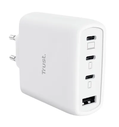 Incarcartor Trust Maxo 65W 4-Port, tehnologie incarcare auto-detect, USB-C, Quick Charge 3.0, Quick Charge 4+, USB PD 3.2 + PPS + SPR-AVS, lungime cablu 2m, alb