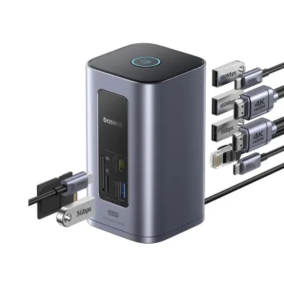 DOCKING STATION Baseus Spacemate RD1 12 in 1, input USB Type-C, output 2xHDMI 4K@60Hz, 2xUSB-C (10Gbps), 2xUSB-A (5Gbps), 2xUSB, 1xRJ45, card reader SD/micro SD, 1XUSB-C (PD), gri "B00568103813-00" (timbru verde 0.18 lei) - 6932172687137